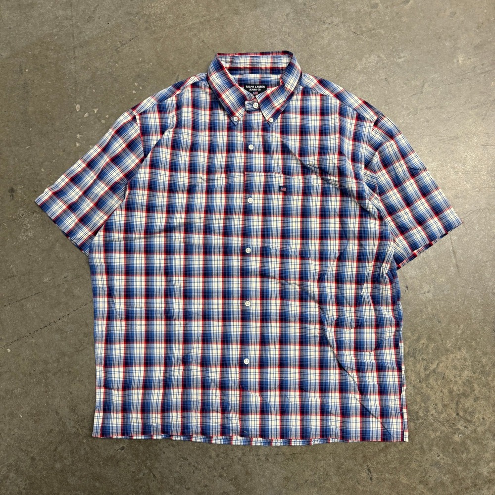Ralph Lauren Jeans Co Mens Large Short Sleeve Plaid Button‎ Down Shirt Red Blue